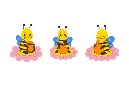 Cute Honey Bee Sitting on Flower Set vector