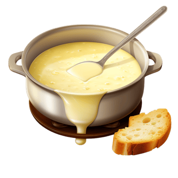 Creamy melted cheese in a small pot with a spoon inside png