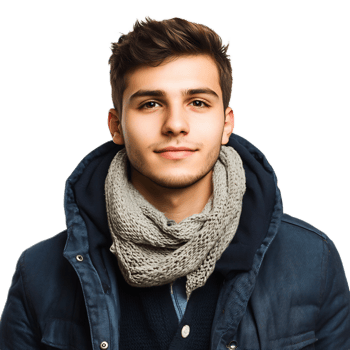 Handsome Young Man Wearing Warm Winter Jacket and Scarf Outdoors png