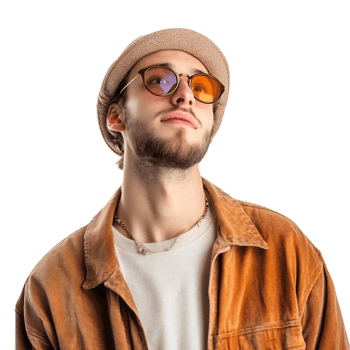 Handsome Millennial Man in Trendy Urban Outfit Wearing Sunglasses and Hat Reflecting Thoughtfully png