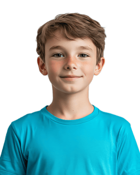 Cheerful Young Boy in Turquoise Shirt Smiling Confidently png