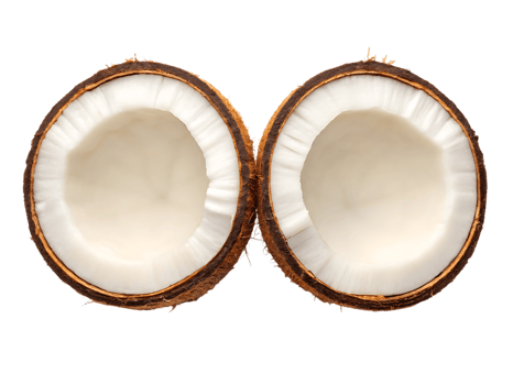 Halved coconut showing fresh white flesh. png
