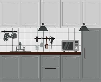 illustration of a flat kitchen interior in a modern style. Kitchen interior with furniture. vector