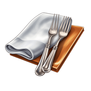 Neatly folded napkin with a spoon on a wooden tray png