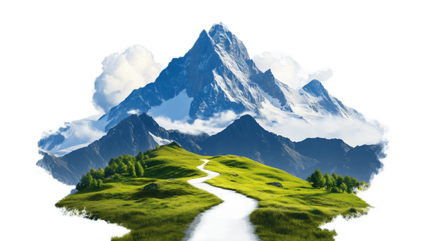 Majestic Snow-Capped Mountain Landscape with Winding Path Through Lush Green Meadow png
