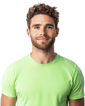 Confident and friendly young adult male model with curly hair and beard wearing green t shirt posing against white background png