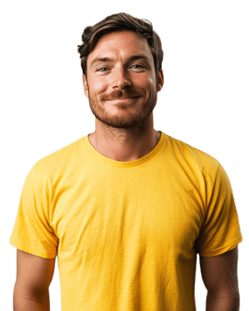 Young Confident Man with Beard Smiling Happily in Casual Outfit png