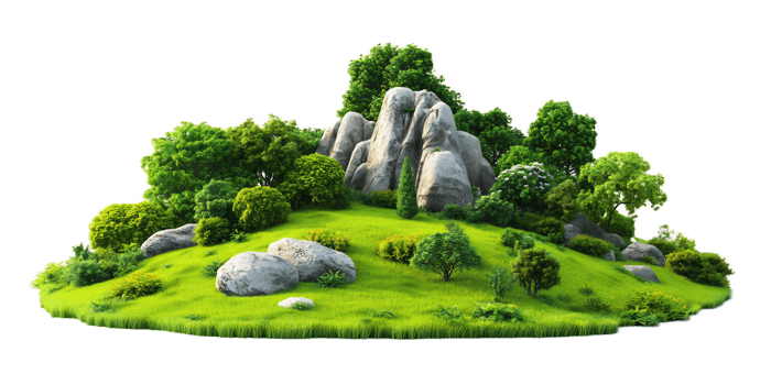 Lush Green Landscape with Rocky Outcrop and Flourishing Foliage in Idyllic Natural Setting png