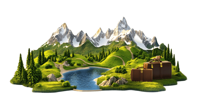 Majestic Mountain Landscape with Serene Lake and Cascading Waterfall in Lush Forest Wilderness png