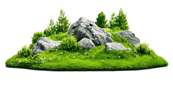 Lush Green Mountainous Landscape with Moss-Covered Rocks and Pine Trees in Peaceful Wilderness png