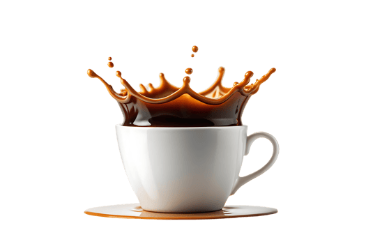 Coffee splashing into a white cup. Energy, morning, drink. png
