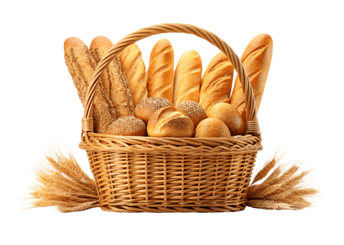 Assortment of freshly baked bread in a wicker basket png