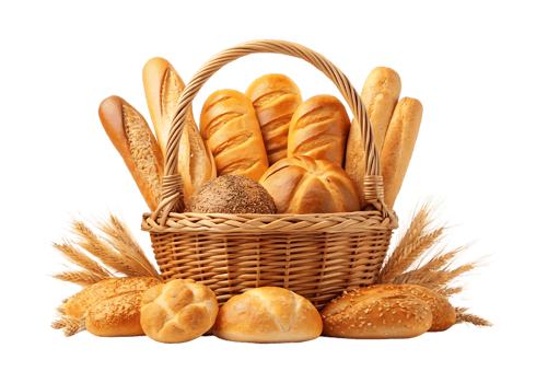 Assorted breads in a wicker basket with wheat png