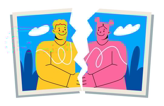 Torn photo of couple. divorce and break up. Colorful illustration vector