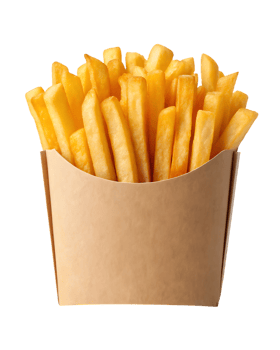 Crispy golden french fries in a paper container. png