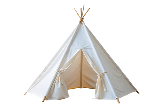 Simple and modern white canvas teepee tent with wooden structure, placed on a light wooden floor for a stylish and serene indoor setting png