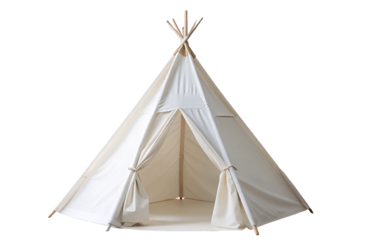 White teepee tent with wooden poles set up indoors on a wooden floor, creating a cozy and minimalist play space or peaceful retreat png