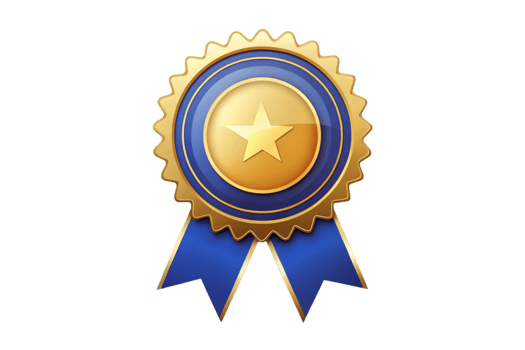 Blue award ribbon and golden medal with star emblem symbolizing honor, recognition, and award winning accomplishment isolated on a Transparent Background png