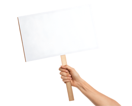 Hand holding a blank sign, isolated on black. png