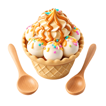 Delicious ice cream sundae in waffle bowl with two wooden spoons png