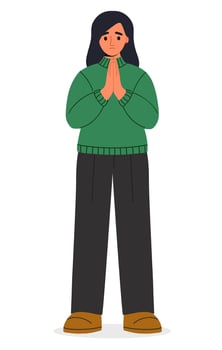 A young woman with dark hair prays with her hands folded in a gesture of apology vector