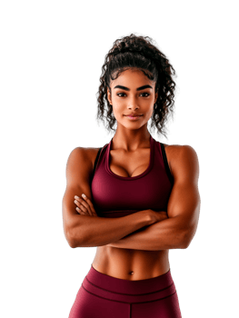 Stunning a fit, confident woman in a red sports top. Ideal for workout promotions, health blogs, and sportswear designs. Transparent background. png