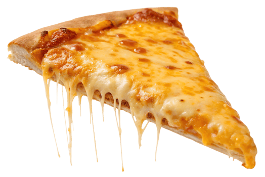 Delicious melted cheese pizza slice, isolated on black background. png