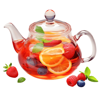Glass teapot filled with herbal tea and citrus slices png
