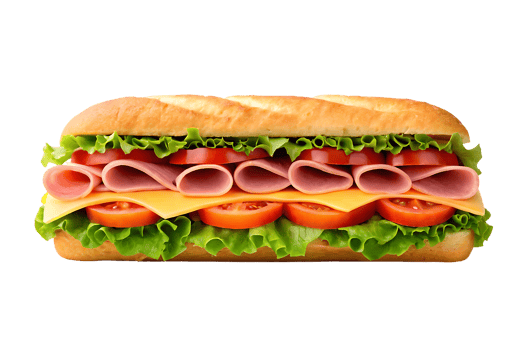 Close up of a tasty sub sandwich with ham, cheese, lettuce, and tomato. png