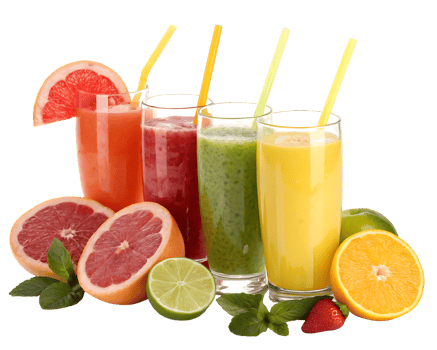 Assortment of fresh fruit juices in glasses with fruit slices. png