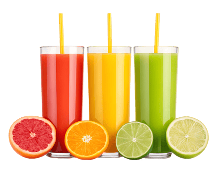 Three glasses of fresh fruit juice. png