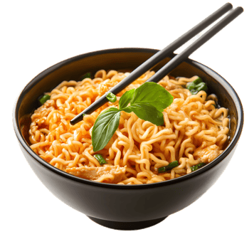 Steaming hot bowl of aromatic Asian noodles on a white background png