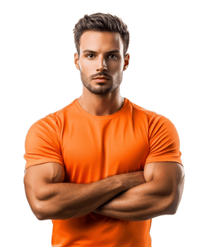 Muscular Young Athlete in Orange Shirt Posing with Confident Determination png