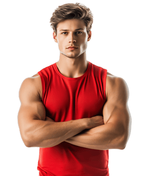Muscular athletic young man with crossed arms showcases his impressive physique png