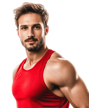 Portrait of a young,muscular male athlete with smooth skin in a red tank top against a white png
