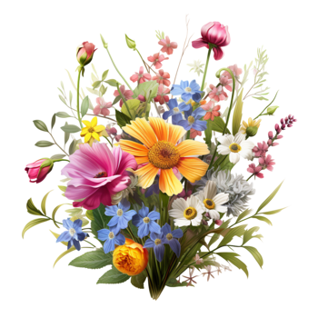 Colorful bouquet of flowers with white daisies and pink blossoms arranged beautifully png