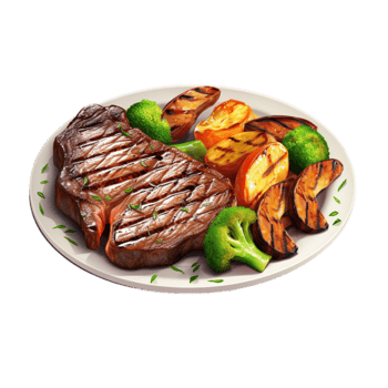 Grilled steak with roasted vegetables on a white plate png