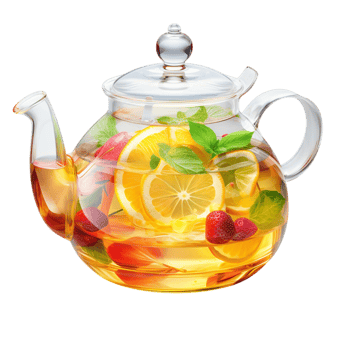 Glass teapot filled with fruit-infused tea and floating citrus slices png