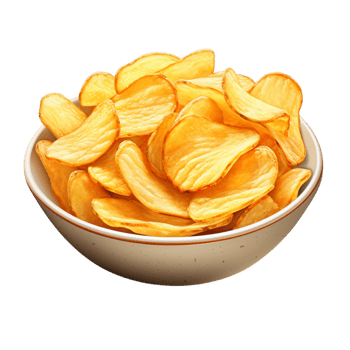Crispy golden potato chips served in a clean white bowl png