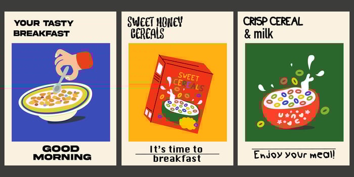 Collection of vintage posters with a healthy sweet breakfast. Crispy colorful cereal with milk. Cardboard box of honey flakes. illustration in retro cartoon style vector