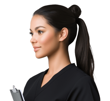 Profile view of young female nurse in black scrubs image isolated transparent. Professional caregiver woman holding clipboard cut out. Healthcare provider cutout photography png