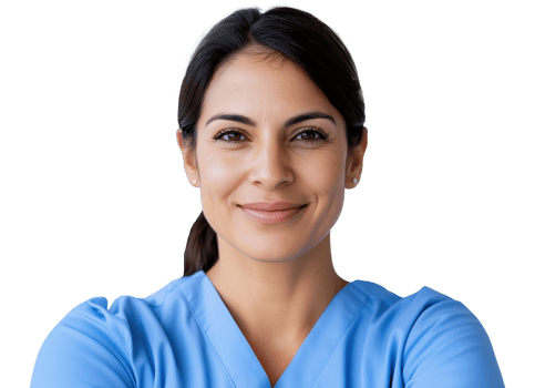 Confident female nurse in blue scrubs image isolated transparent. Medical professional woman caregiver cut out. Clinical worker. Healthcare provider cutout photography png