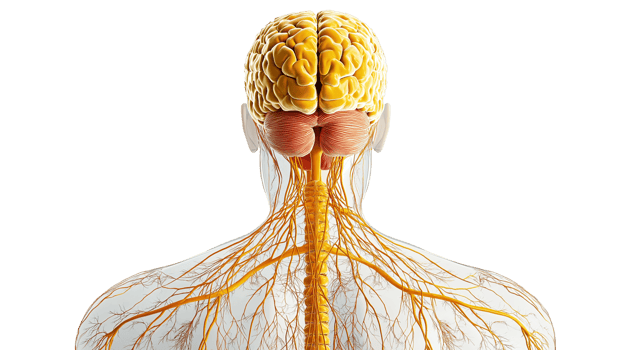 Human nervous system back view anatomical transparent image. Brain, spinal cord, cranial nerves isolated cutout 3d render. Anatomy study backview cut out clipart design element png