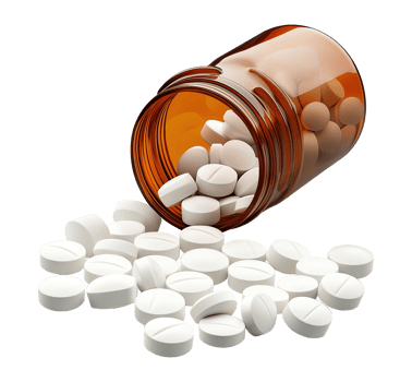 Amber pill bottle spilling white tablets transparent image. Painkillers. Pharmaceutical care isolated cutout 3d render. Medical treatment container cut out clipart design element png