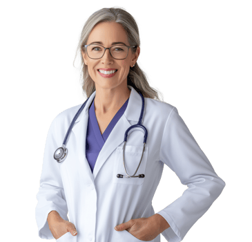 Confident mature female doctor with gray hair and glasses image isolated transparent. Stethoscope specialist woman smiling cut out. Healthcare provider cutout photography png
