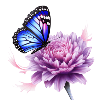 Delicate blue butterfly resting on a pink flower with soft petals png