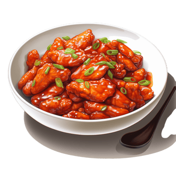 Plate of spicy glazed chicken garnished with green onions png