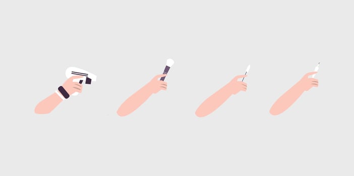 Set of brushes for make up. Flat illustration of makeup artist hand holding collection of cosmetic accessory for woman face painting. Brush for eyeshadow, brows, blush vector