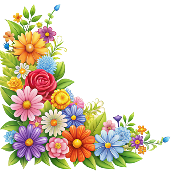 cartoon style red and pink and yellow flowers corner frame is isolated on transparent background png