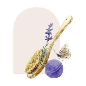 Lavender sprig, massage brush, bath bomb, butterfly, watercolor. Hand drawn illustration. For design of labels, cards, invitations, SPA salon banners, posters. vector